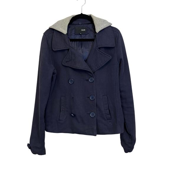 Hurley Pea Coat Womens L Blue Collared Double Breasted Outdoor Removable Hood - Picture 1 of 9
